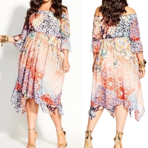City Chic Dresses & Skirts - CITY CHIC Plus Size 14 mixed print flowing Off Shoulder Print midi Dress